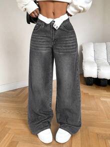 SHEIN PETITE Damen lockere Jeans mit weitem Bein, tiefer Bund, grauer Denim, baggy Vintage Mom Jeans für Sommer Streetwear Schule Schulanfang, Cowgirl Winterhose, für zierliche Frauen - Dunkelgrau - Übersicht 3