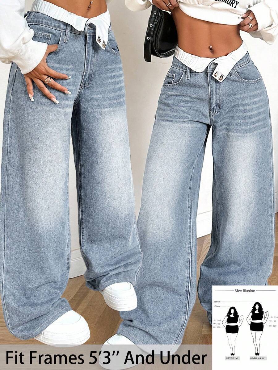 SHEIN PETITE CURVE 大码女式白色领口复古蓝色宽松直筒牛仔裤 - 淺色水洗藍 - 查看 1