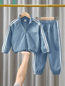 SHEIN 2 件套年轻男童休闲插肩袖立领装饰丝带立领半开襟夹克和松紧腰裤套装，羊毛，加厚 - 霧霾藍 - 查看 5