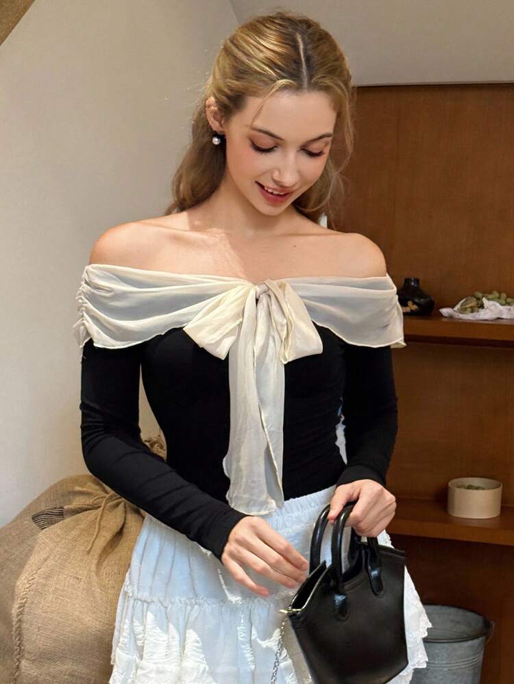 Women's Color Block Lace-Up Off Shoulder Long Sleeve Fitted Pullover T-Shirt