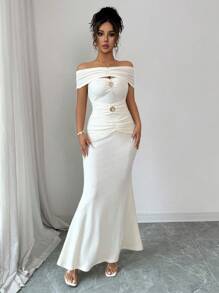 Elenzga 优雅精致时尚夏季露肩褶饰金属扣装饰中长款修身鱼尾下摆针织连衣裙 - 杏色 - 查看 8