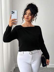 Elenzga Plus Size Elegant Round Neck Bowknot Long Sleeve Pullover Sweater Winter Fall Autumn