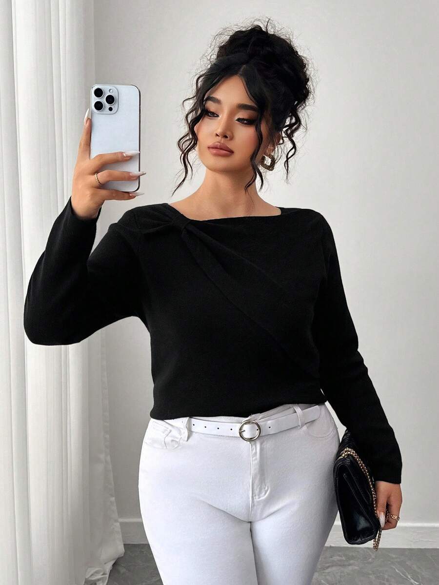 Elenzga Plus Size Elegant Round Neck Bowknot Long Sleeve Pullover Sweater Winter Fall Autumn