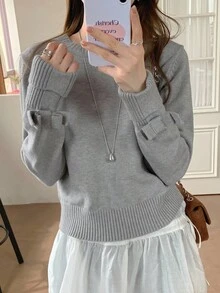 Livesso Solid Color Fitted Long Sleeve Bow Crew Neck Casual Sweater For Women, Autumn - Grey - View 1