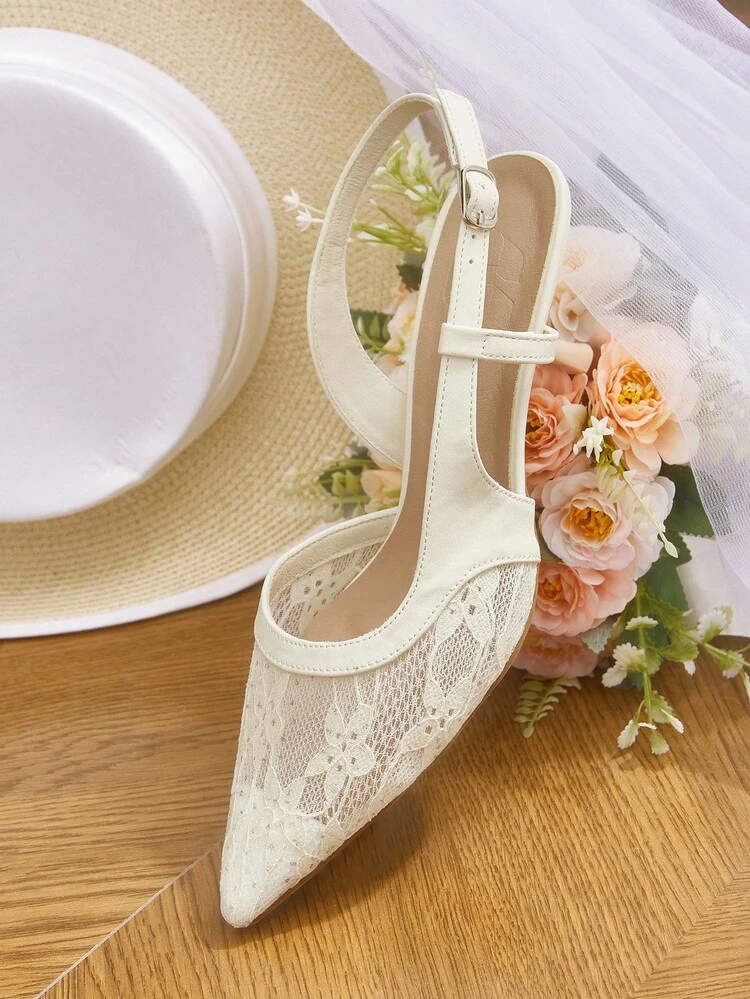 CUCCOO HITCHD Women's Lace Embroidered Pointed Toe Kitten Heel Mid-Heel Elegant Romantic White Lace Mesh Ladies High Heel Sandals, Dress Shoes, Bridal Shoes, Bridesmaid Shoes, Fashion Party Formal Wear, Wedding Season, Gala