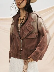 Easelle Women's Vintage Gradient Brown Denim Jacket,All Shades Of Brown,Autumn,Streetwear,Everyday Western Style Zipper Front Loose Drop Shoulder Outerwear - Brown - View 6