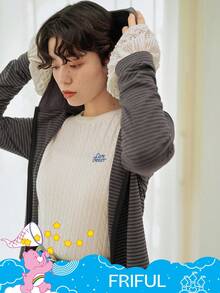 SHEIN X Care Bears FRIFUL Women's Striped Bear Pattern Zip-Up Hooded Long Sleeve T-Shirt - Grey - View 9