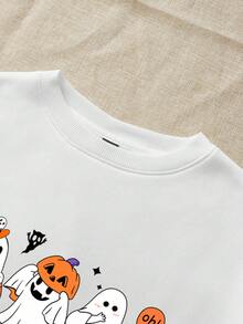 SHEIN EZwear Halloween Clothes  Casual Minimalist Halloween Pattern Loose Fit Fleece Crew Neck Sweatshirt, Fall/Winter - White - View 4