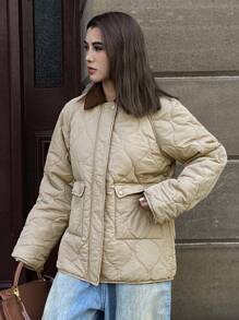DAZY Women's Colorblock Zip-Up Padded Coat, Autumn/Winter Jacket - Khaki - View 3