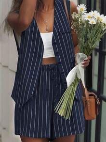 INAWLY 女士时尚休闲优雅浪漫条纹吊带背心和短裤两件套 - 藏蓝色 - 查看 2