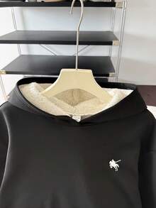 SHEIN 少女黑色刺绣装饰休闲宽松保暖加厚卫衣，适合秋冬季节，休闲居家皆宜。毛绒黑色卫衣，少女卫衣，可爱卫衣，黑色羊羔绒卫衣，羊羔绒内衬卫衣，毛绒卫衣，冬季卫衣，秋季卫衣 - 黑色 - 查看 6