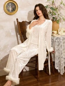 Côtesoire French Elegant Solid Color Velvet Patchwork Fringed Elegant French Luxurious Royal, Autumn/Winter Velvet 3 Pieces Pajama Sleepwear Set , Fall Clothes - White - View 4