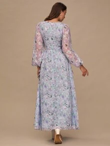 Enchnt Women's Elegant Floral Print Ruffle Hem Dress - Purple - View 7