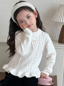 DAZY Girls' Crew Neck Sweater With Bow Decor, Fall - Beige - View 8
