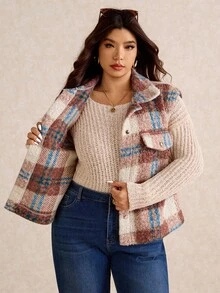 Elaquor Chaqueta sin mangas de lana a cuadros minimalista y casual para mujer de talla grande, versátil para el hogar y el exterior, otoño/invierno - Multicolor - Ver 7