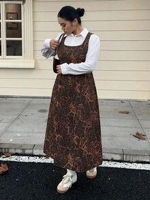 Dazy Plus Váy không tay họa tiết da báo, phong cách đường phố đa năng, mùa xuân/thu - màu nâu - Xem 4