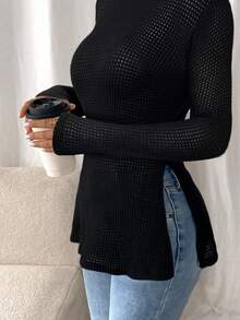 SHEIN Frenchy Solid Color Round Neck Split Hem Fitted Elegant Long Sleeve T-Shirt Black Tops Winter Casual Spring - Black - View 7