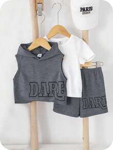 SHEIN 3 件套男婴/女婴套装：可爱刺绣连帽背心、宽松圆领短袖 T 恤和纯色短裤，春夏休闲装 - 深灰色 - 查看 3