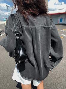 DAZY 浅色水洗牛仔衬衫，有领，有口袋，宽松长袖，春夏秋 - 深灰色 - 查看 2