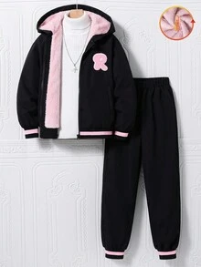 Sparklyn 2 件套青少年女孩黑色拉链字母印花连帽衫 + 同款罗纹袖口运动裤套装，秋冬舒适休闲装 - 黑色 - 查看 1