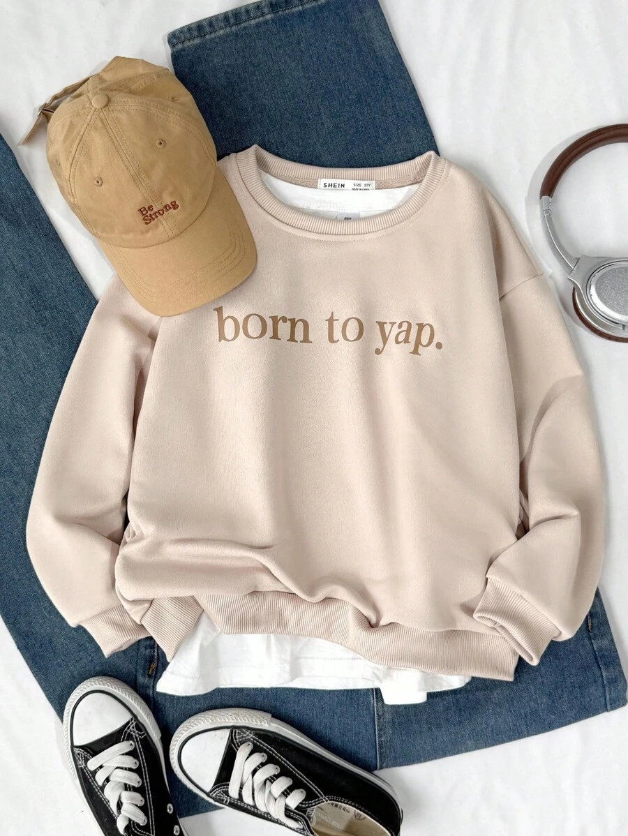 SHEIN Tween Girl Minimalist Letter Print Crew Neck Sweatshirt, Suitable For Outdoor In Autumn - Khaki - View 1