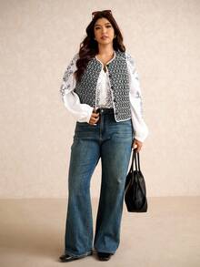 Elaquor Chaleco informal de mujer de talla grande con patrón geométrico y abotonadura sencilla, para invierno - Multicolor - Ver 1