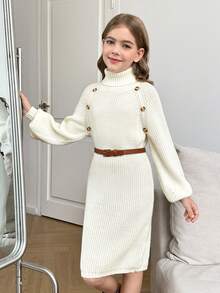 Vestido de malha elegante e quente com gola alta para meninas pré-adolescentes, uso diário, estilo feminino