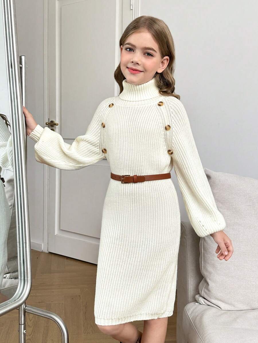 Vestido de malha elegante e quente com gola alta para meninas pré-adolescentes, uso diário, estilo feminino