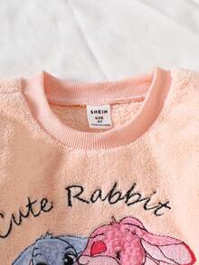 2pcs/Set Young Girl' Long Sleeve Fleece Rabbit Cartoon Cute Comfortable Casual Home Wear, Winter Fall