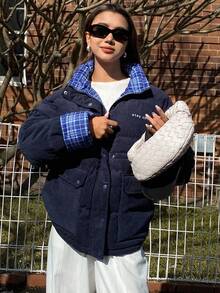 DAZY Chaqueta casual de mujer con cuello alto, versátil para abrigos de invierno - Azul Marino - Ver 5