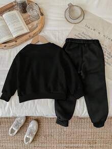 SHEIN Baby Boy Knitted Soft Classic Family Slogan, Dad+Me Fist Bump Print Crew Neck Casual Sweatshirt And Sweatpants Set, Thick For Autumn/Winter Fall - Black - View 4