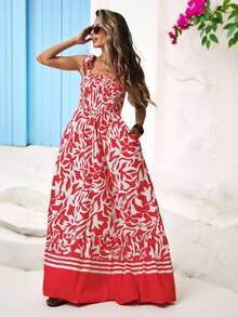 Vivid Eden Vestido largo casual de mujer con cordones y estampado - Rojo - View 5