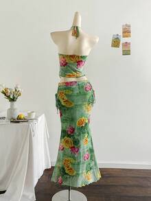 Soleia Bộ 2 món áo lưới in họa tiết không tay không dây và chân váy xếp ly thanh lịch cho kỳ nghỉ xuân/hè - Nhiều màu - Xem 2