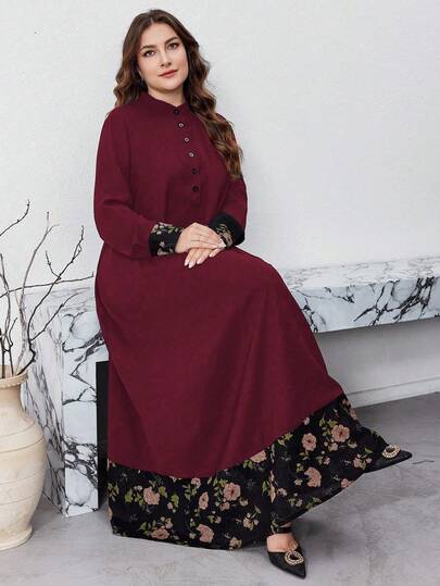 Al Najma Plus Size Women Floral Print Button Front Long Sleeve Loose Casual Dress, Casual Modest Tunic Maxi Dresses, For Travel/ Casual/Home/Holiday Fall Cloth For Women