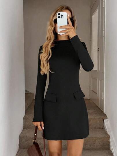 Easowa Vestido mini casual, holgado y vintage con cuello alto, cintura ceñida y manga larga para mujer, otoño/invierno