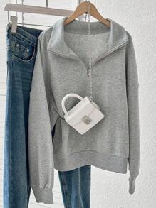 Lalippa Plus Size Women's Solid Color Drop Shoulder Long Sleeve Turndown Collar Half Zip Hoodie, Autumn Fall Cloth For Women Winter