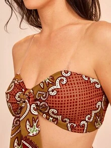 CAJUNI Set Atasan Bandeau dan Celana Pendek Pantai Motif Mata Hati untuk Liburan Pantai Wanita - MultiWarna - View 3