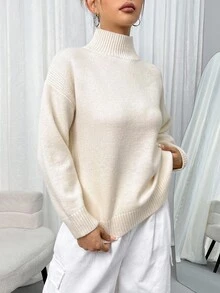 SHEIN LUNE Women's Solid Color High Neck Drop Shoulder Long Sleeve Side Slit Hem Casual Sweater, Autumn - Beige - View 6