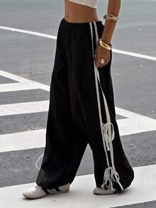 Muchica 黑色侧条纹宽松休闲百搭梭织运动裤 - 黑色 - 查看 5