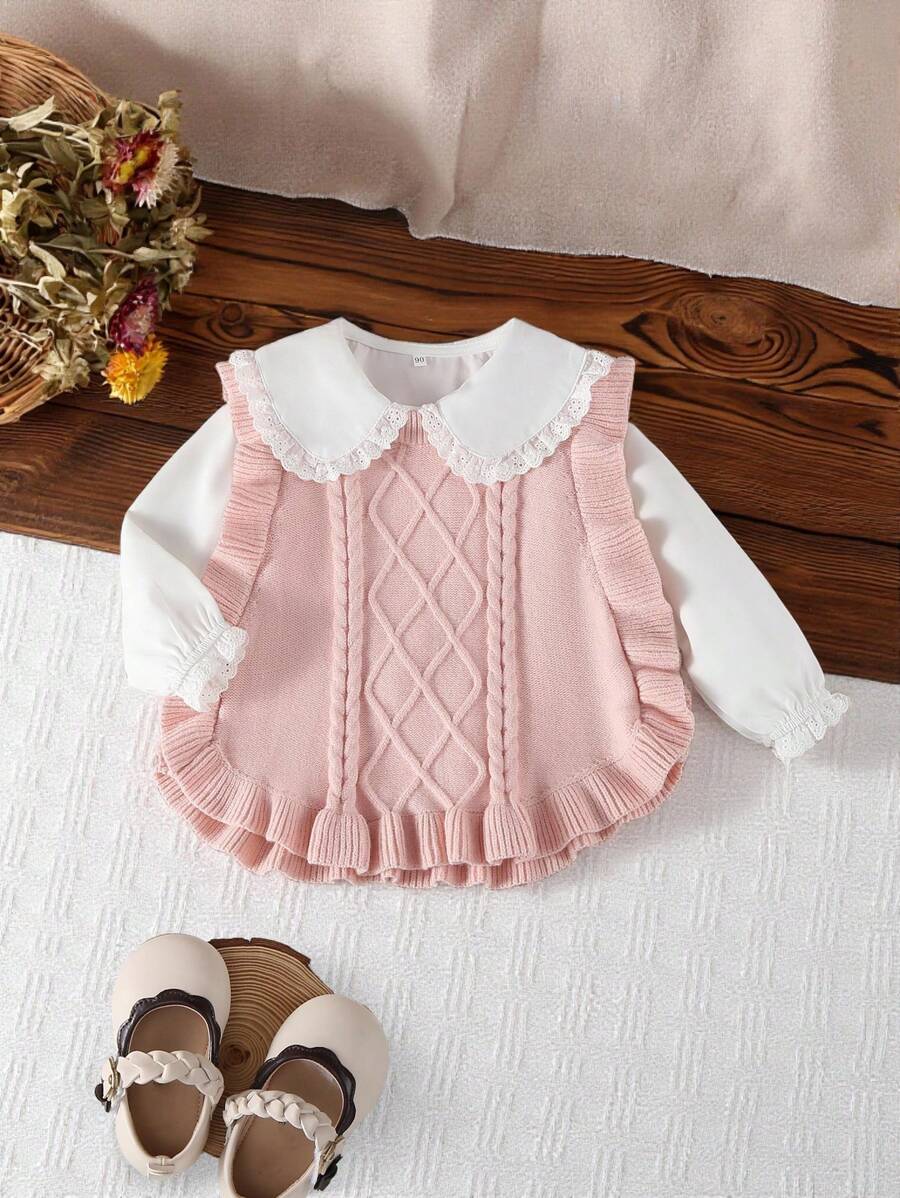 Young Girls' Pullover Knit Sweater Vest,Pink,Party,Elegant Lady Style Twist Rope & Ruffle Hem Design,Versatile For Daily Wear,Home,Outdoor,Fall Winter - Pink - View 1