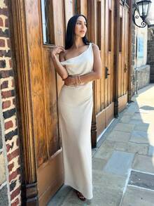 Carolina Barros Women's Solid Asymmetric Neckline Ruched Elegant Long Dress,Rave Outfits Festival - Apricot - View 5