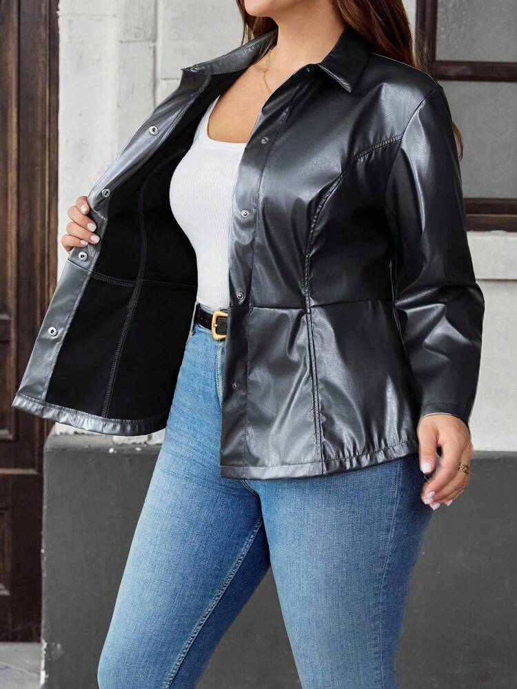 Plus Size Women's Gun Gray Ruffled PU Leather Jacket Elegant Commuter Casual Fall Winter Business Casual Autumn New Year Look Autumn Fall Winter