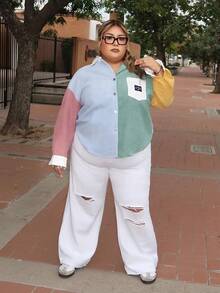 Enliva Jeans boyfriend déchiré casual avec boutons frontaux et poches, couleur unie, grande taille