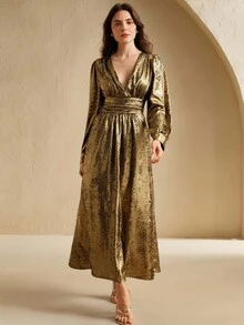 Anewsta Women's Elegant Romantic Date/Commute Backless Tie Strap Metallic Gold V-Neck Cinched Waist Lantern Sleeve Long Sleeve Rhinestone Maxi Dress, New Year Clothes, Party Dress, Graduation Dress - Gold - View 5