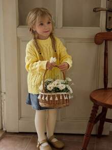 Young Girl Casual Twist Cable Pattern Drop Shoulder Long Sleeve Sweater, Autumn Fall Winter - Yellow - View 6