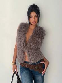 Aloruh Women's Sexy Backless Faux Fur Jacket Top, Fashionable For Autumn - Khaki - View 4