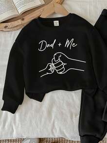 SHEIN Baby Boy Knitted Soft Classic Family Slogan, Dad+Me Fist Bump Print Crew Neck Casual Sweatshirt And Sweatpants Set, Thick For Autumn/Winter Fall - Black - View 6