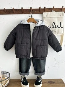 SHEIN Young Boys' Casual Thick Contrast Color Hooded Jacket, Comfortable & Versatile For Back To School, Autumn/Winter Fall