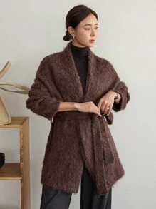 Dazy-Less Women's Thick Fleece Loose Business Casual Tie-Up Cinched Waist Knit Cardigan, Suitable For Office Wear In Autumn & Winter - Brown - View 7