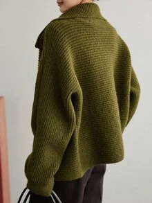 Dazy-Less 女士宽松商务休闲高领纯色针织开衫，适合秋冬季办公室穿着外套 - 墨綠色 - 查看 5